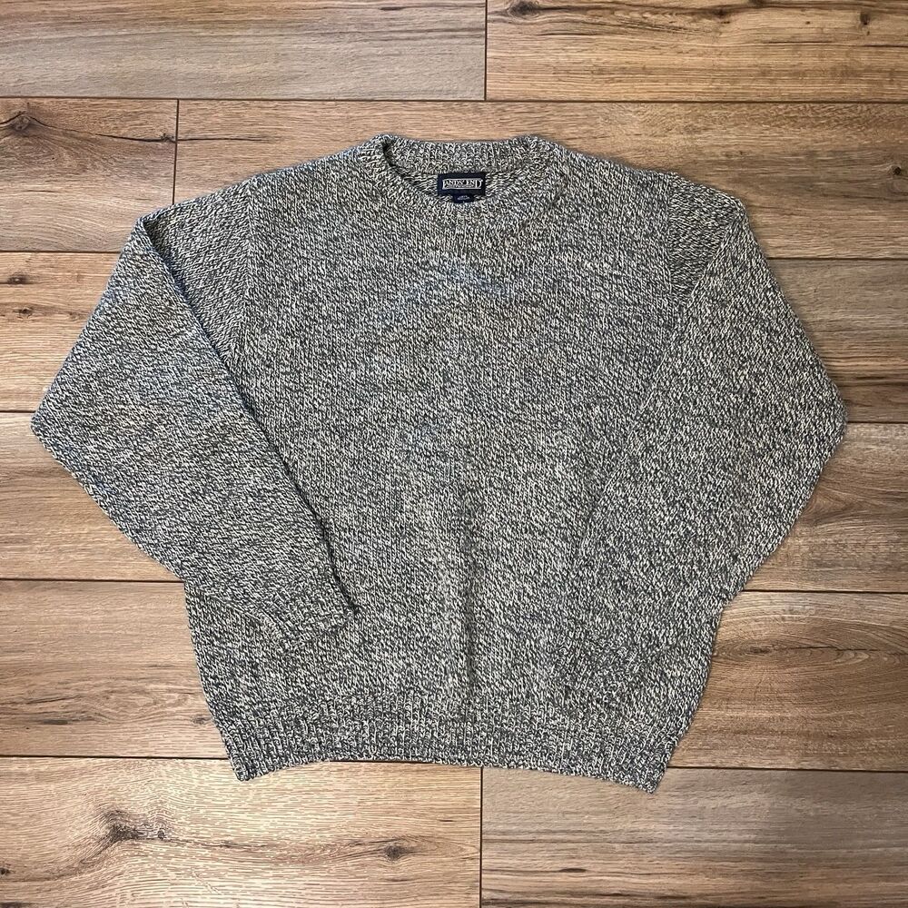 Vintage Lands' End Beige Marled Wool Fisherman Crewneck Knit Sweater L USA Made - Picture 1 of 6